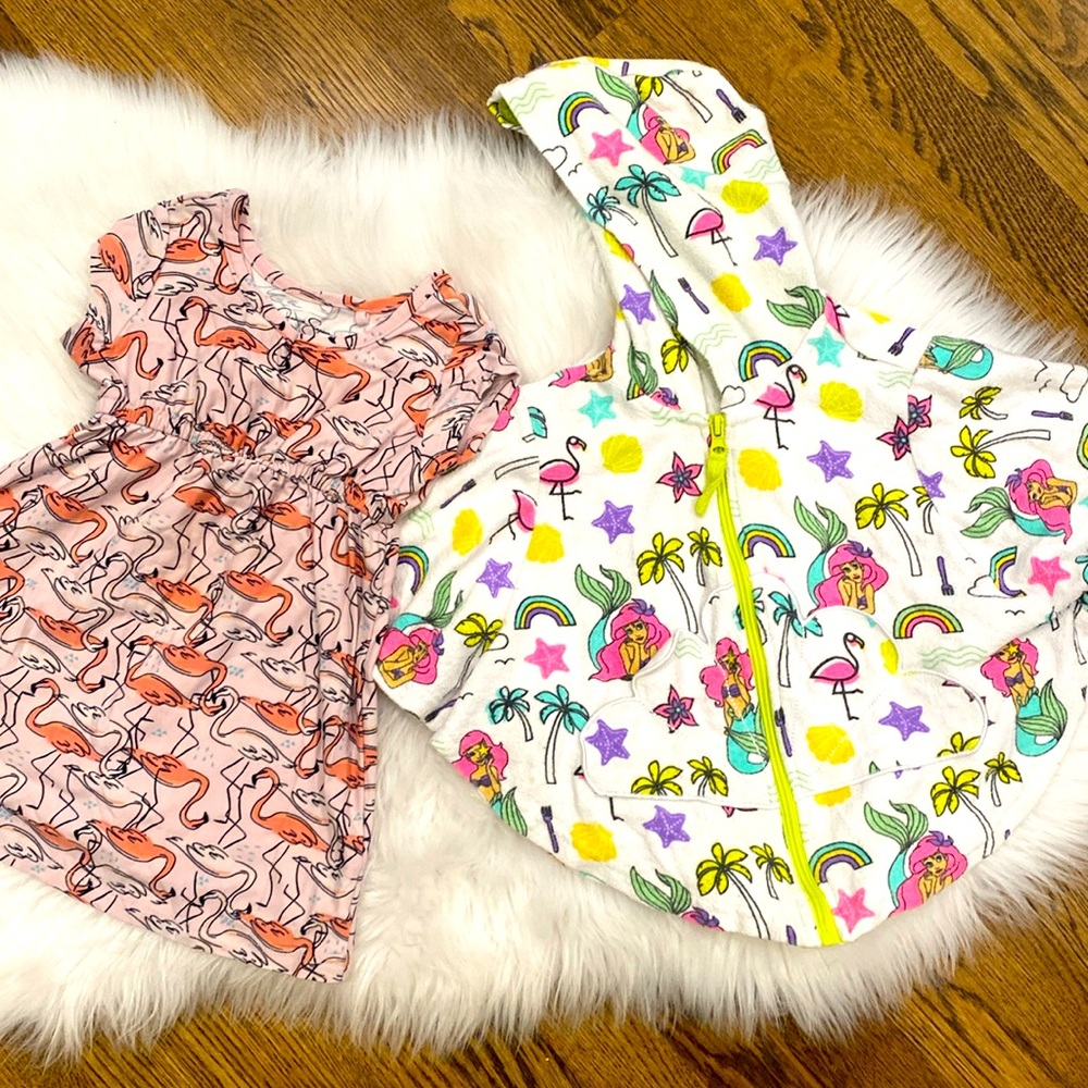 Disney Ariel beach coverup and flamingo dress 2T